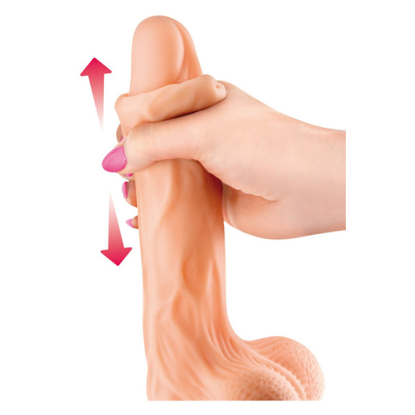 Gode réaliste veiné ventouse va-et-vient prépuce testicules billes mouvantes 22cm 